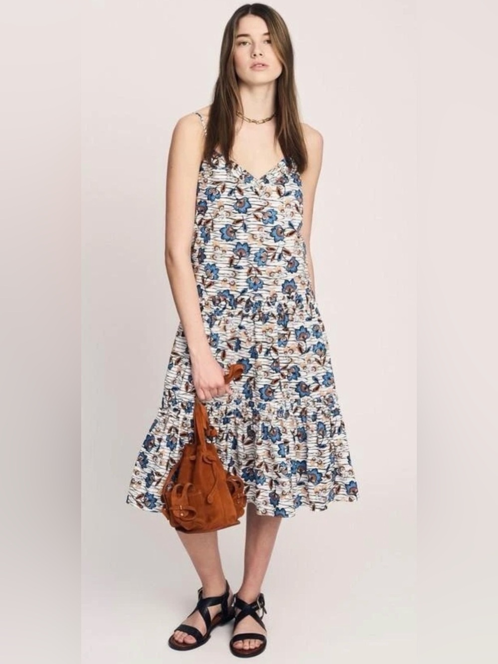 Derek Lam 10 Crosby Odile Midi Dress Cotton Floral Strap in Blue, Orange & White